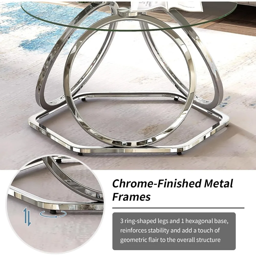 Coffee Table Modern Silver Coffee Living Room Table with Hexagonal Base, Round Coffee Table for HomeOffice, Chrome Finish