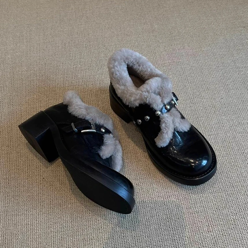 

High Heels Fur Women Shoes Chunky Leather Shoes Snow Boots Woman Winter 2025 Elegant Warm Short Plush Pumps Buckle Mujer Zapatos