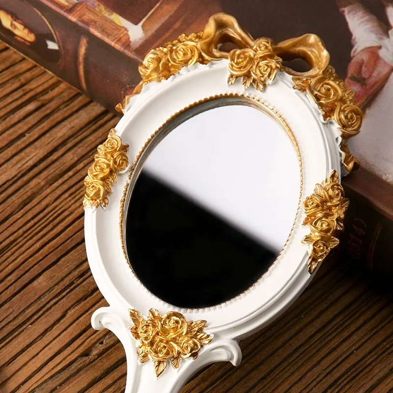 مرآة كلاسيكية محمولة باليد، مكياج مدمج للسفر، جميل ومحمول بيضاوي منقوش من الراتنج، مرايا يدوية هدية لفتاة الأم #3