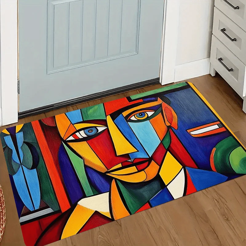 Cubist Portrait Entrance Doormat Vibrant Color Block Abstract Human Face Art Rug  Creative Modern Art Style Entry Decor Mat