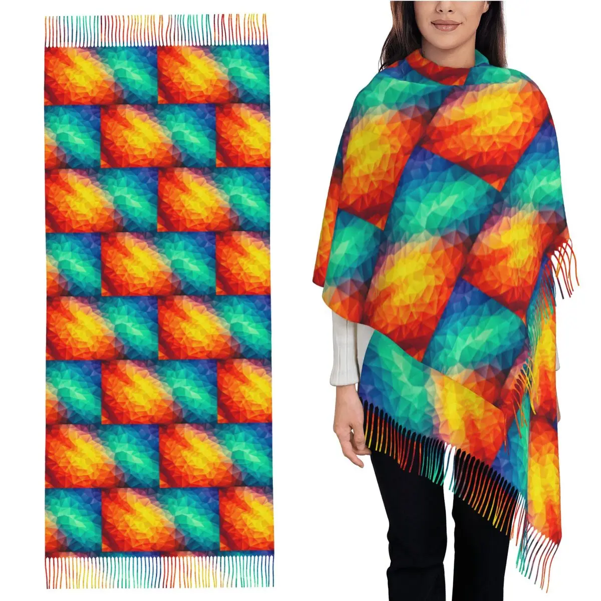 

Абстрактные разноцветные шарфы с рисунком кубизма, шарфы с кисточками для женщин, мягкие теплые шали и накидки, большая осенне-зимняя шаль