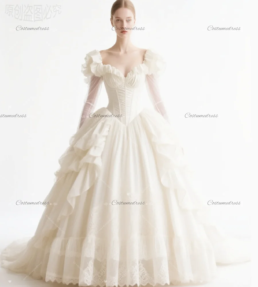 Fairy Korean Wedding Dress 2026 Long Sleeve Ball Gown Tiered Victorian Bridal Gowns Historical Princess Celtic Bride Dress Retro