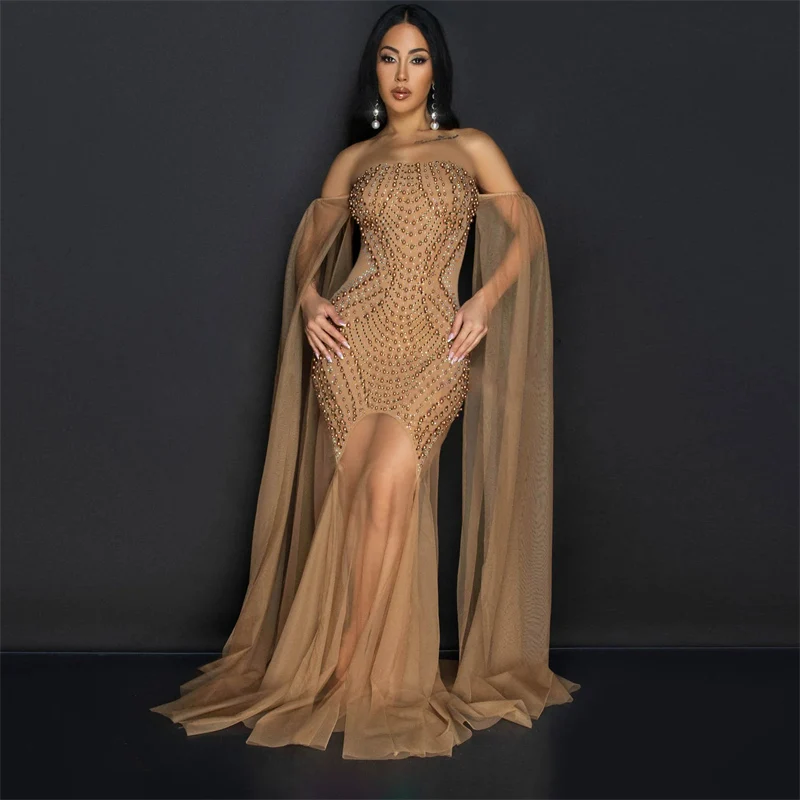 Sexy Off The Shoulder Strapless Diamond Bodycon Maxi Dress Women Evening Mesh Sheer Patchwork Party Celebrity Prom Mermaid Dress