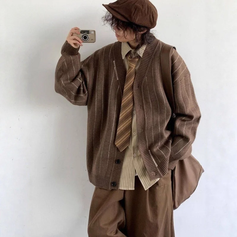 

Осенне-зимний нейтральный полосатый кардиган унисекс в стиле колледж, ретро, повседневный, с V-образным вырезом, вязаная кофта для женщин