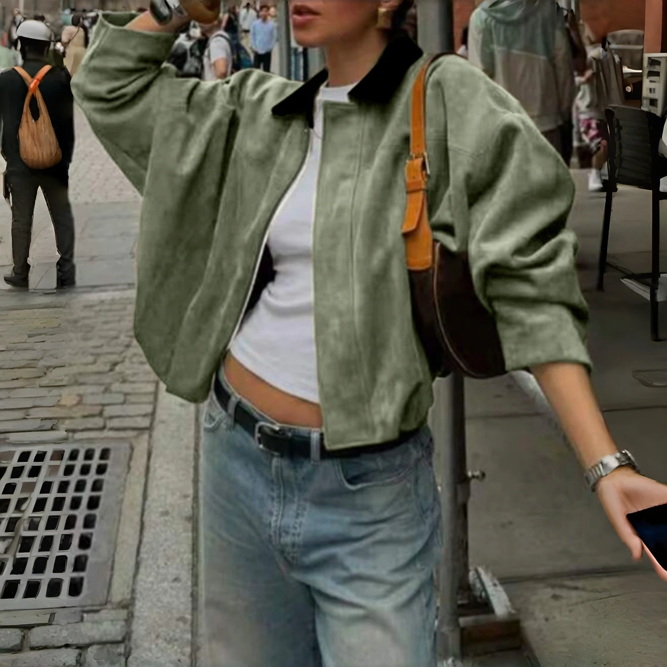 

Suede Jacket Women Green Vintage Bomber Coat Loose Casual Short Jacket Lapel Zipper Long Sleeve Motorcycle Outwear