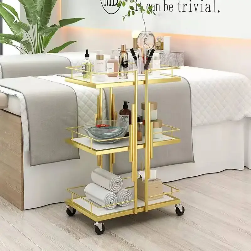 Gold Storage Cart Beauty Salon Special Instrument Cart Multi-layer Iron Hairdressing Trolley Universal Moving Salon Furniture