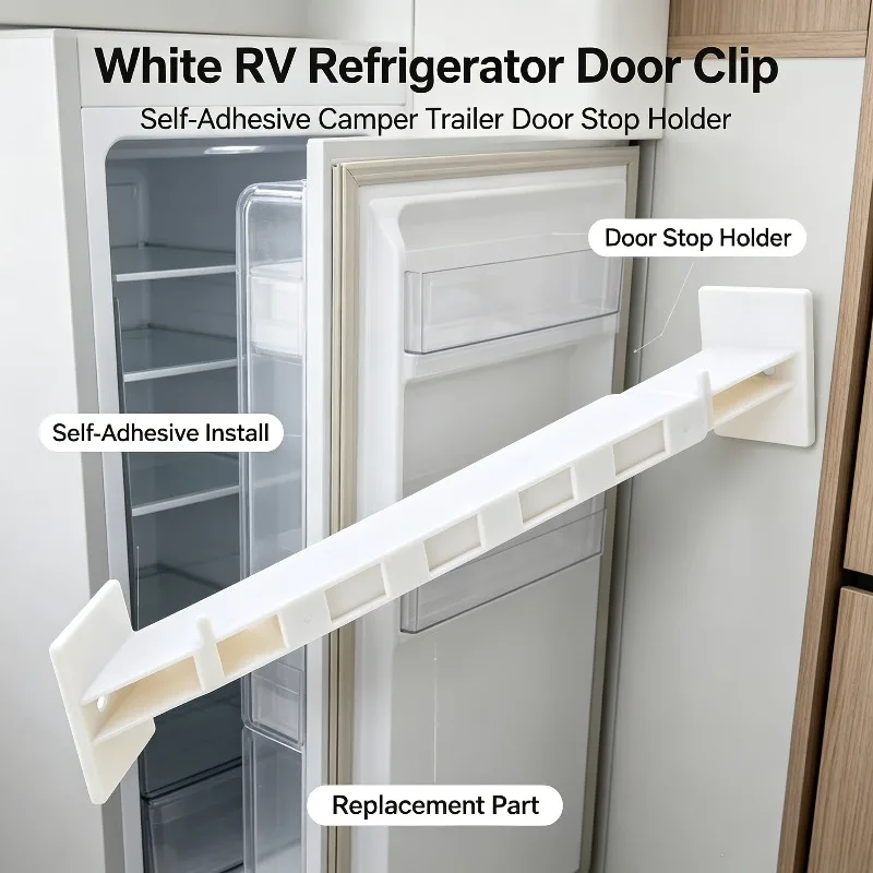 2 PCS White RV Refrigerator Door Catch, Self Adhesive Camper Trailer Fridge Door Retainer Bar Stop Holder Replacement Parts