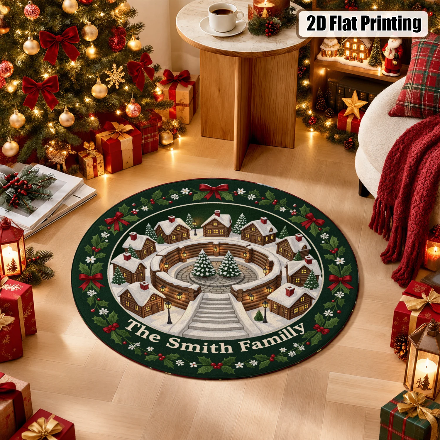 Winter Christmas Village Print Round Velvet Mat Machine Washable for Living Room Dining Room Entryway Halloween Thanksgiving Black Friday Cyber Monday Christmas New Year Decor