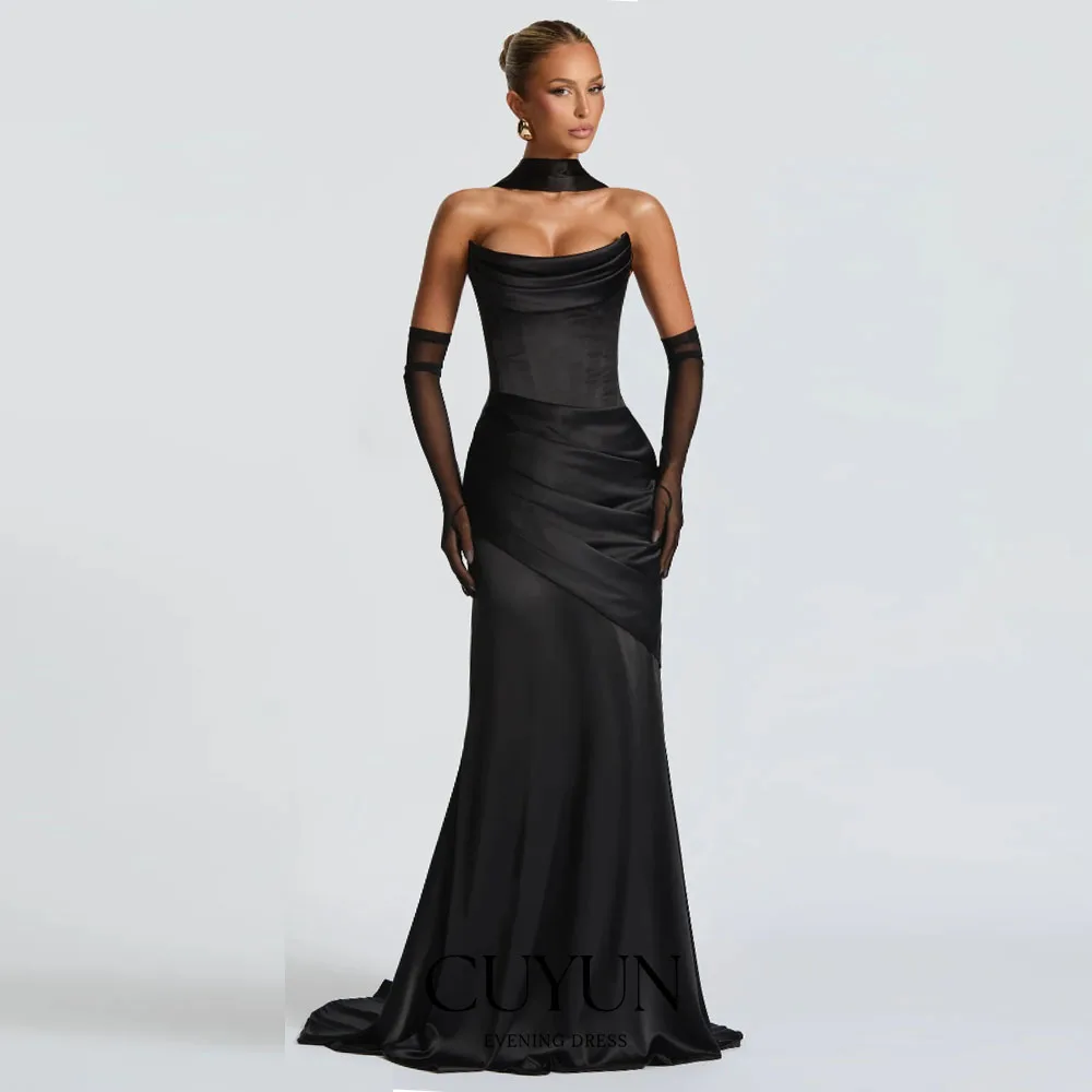 

CUYUN Customized Mermaid Evening Gown Strapless Black Floor-Length Party Gown Corset Back Women Formal Occasion Dresses