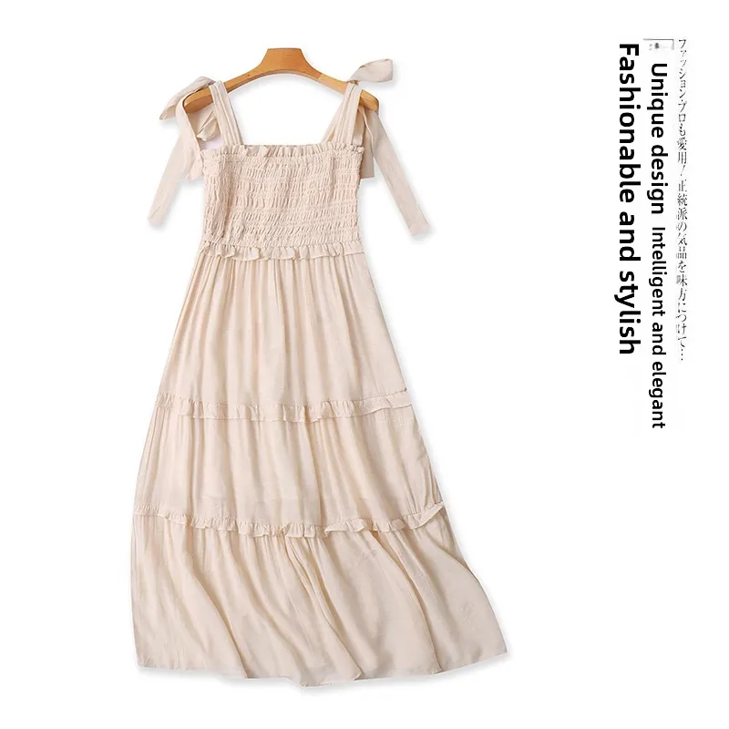 Novo Vestido Midi F de Verão, Sem Alças, com Laço, Elástico, Psado, Estilo Camadas, Cintura Alta, Sem Mangas, Cor P...