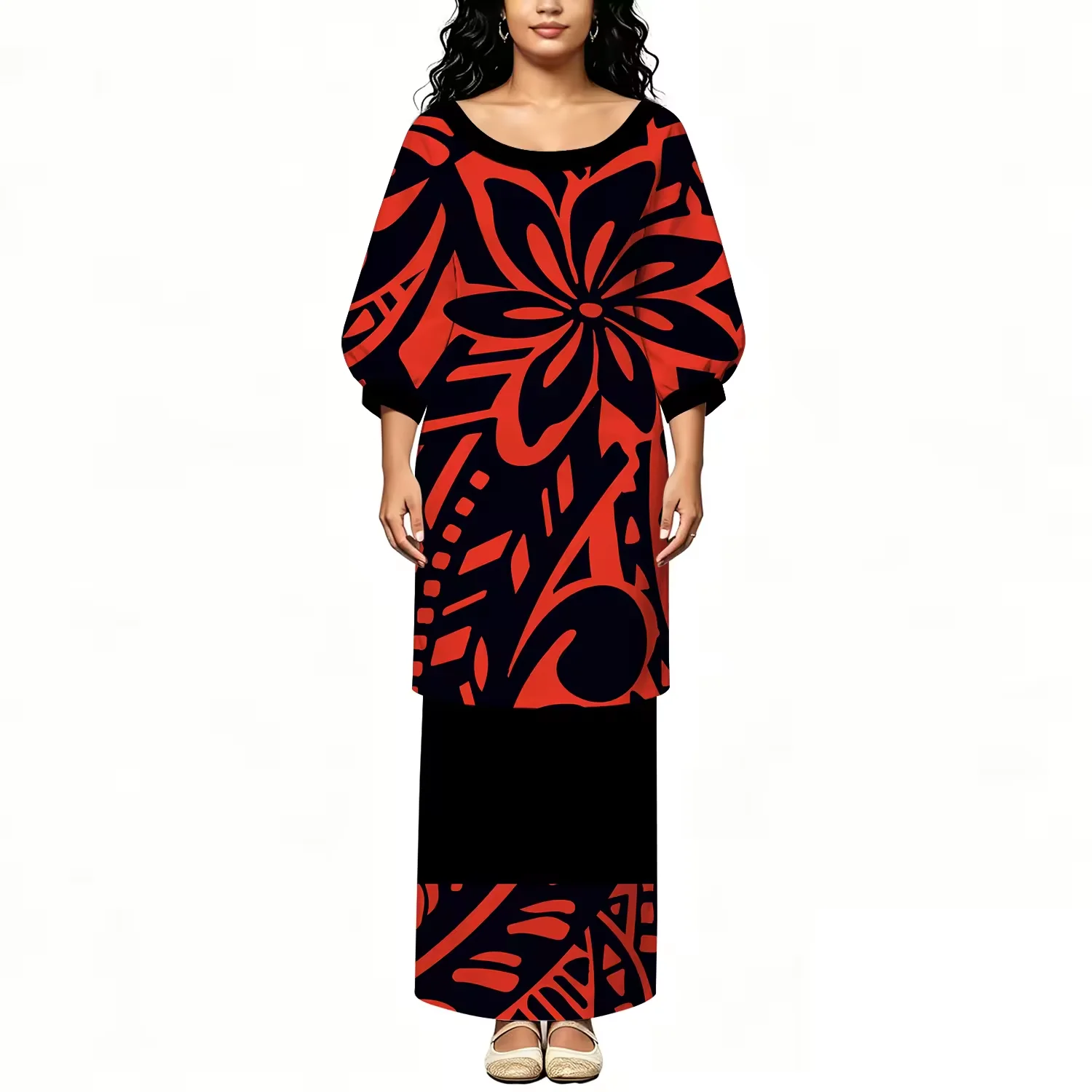 Hot Vintage Brown Polynesian Pattern Women 2 Piece Puletasi Long Top Maxi Skirt Pacific Island Casual Matching Dresse Plus Size