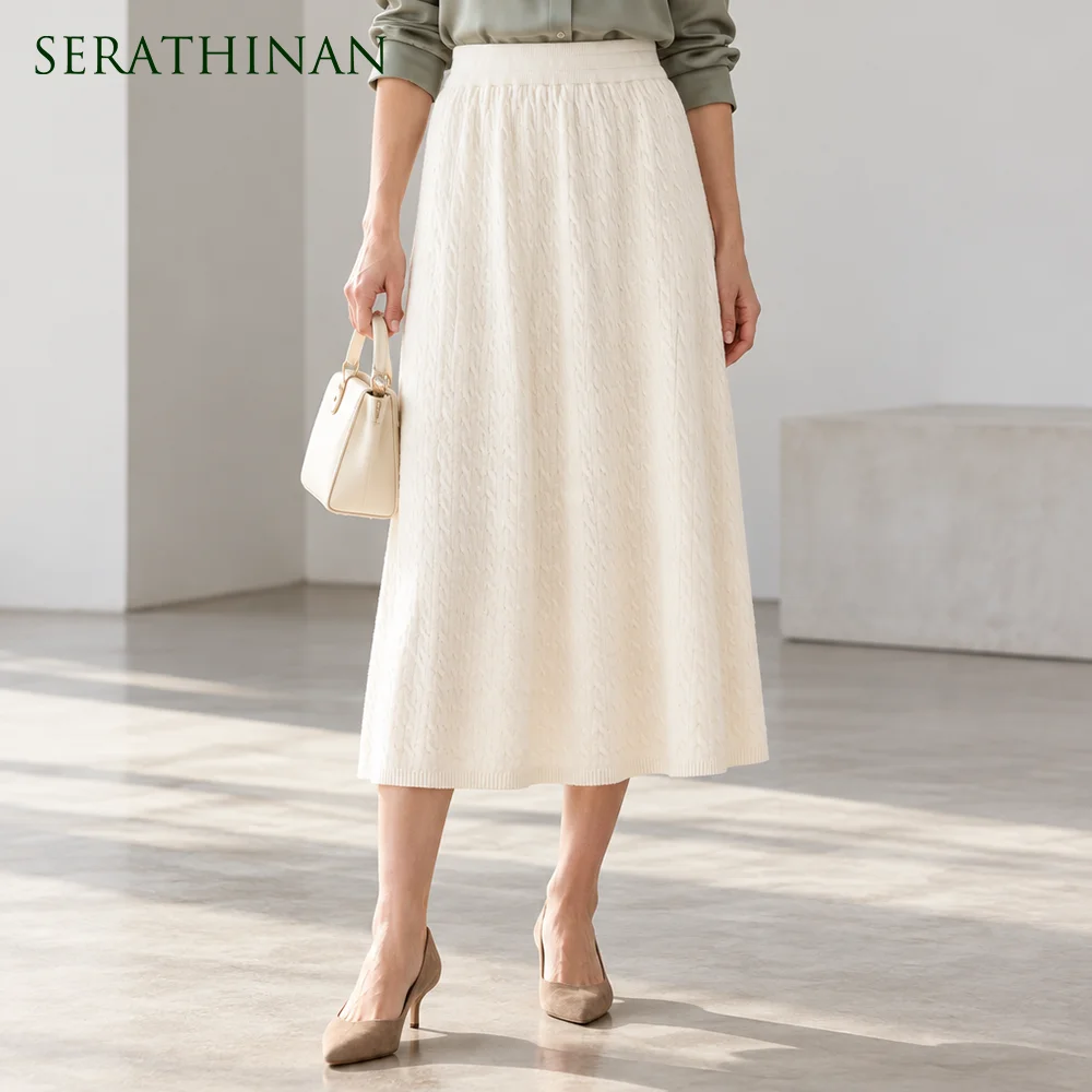 MZ62112 Women's Cable Knit Midi Skirt High Waist Elastic Soft Modal Blend Flared A-Line Swing Early Autumn Casual Knit Skirt