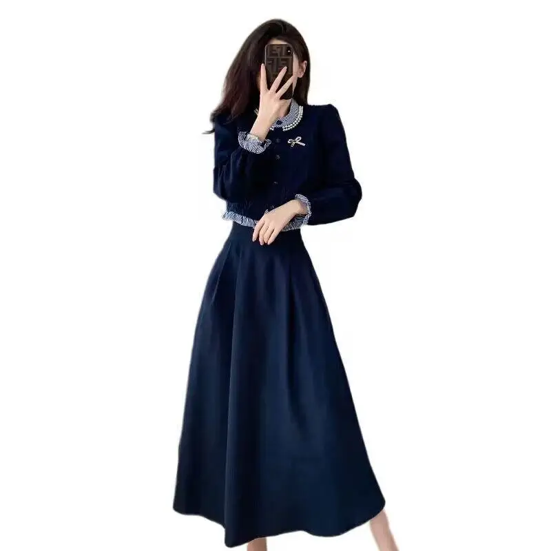 2 P Set Ruffles Knitted Splicing Shirt Top + A-Line Midi Skirts 2024 Autumn Fashion Two Pieces Set Korean Women Vintage Elegant