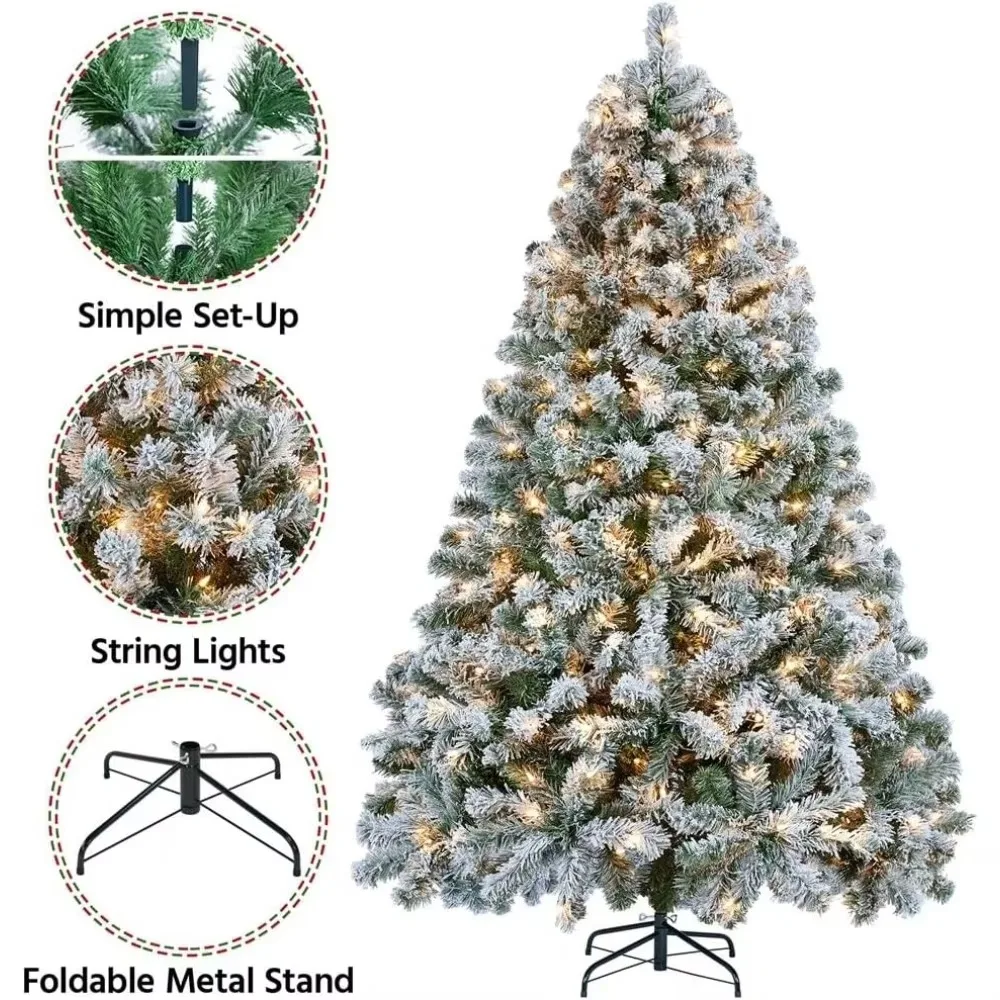 Árbol de Navidad artificial preiluminado de 7,5 pies con luces blancas cálidas incandescentes, árbol de Navidad muy iluminado flocado con nieve con rama de 12884