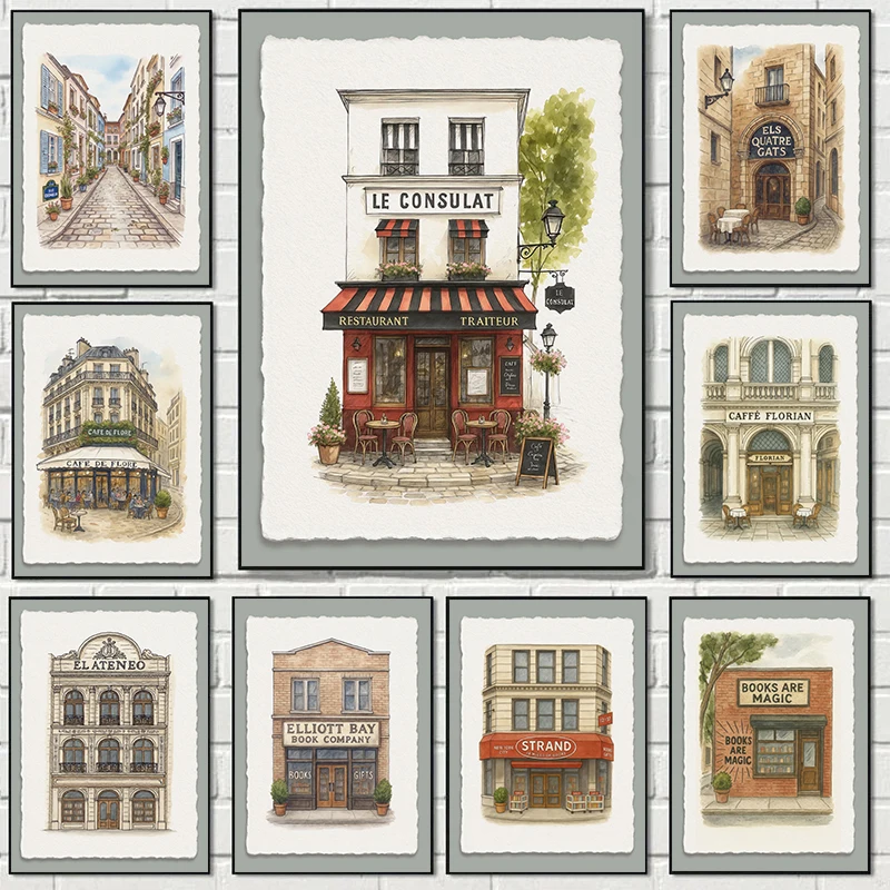 Watercolor Creativity Architecture Paris Famous Cafe De Flore Kremia Street Poster Diamond Painting Wall Art Pictures Home Dec