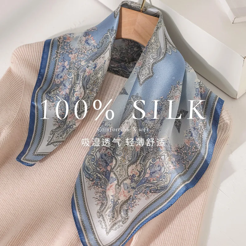 Fashion 100% Natural Real Silk Scarf Women Scarves Luxury High Quality Hijab New Bandana Square Wrap Kerchief elegant Beach 53cm