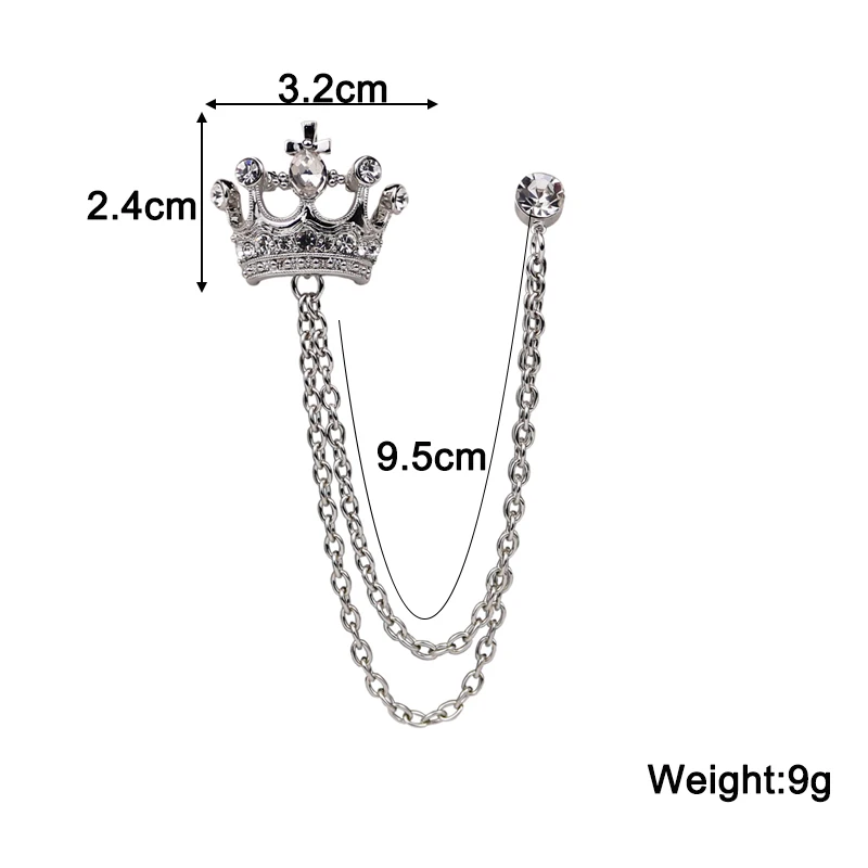 Silver Color Crown Brooches for Men&Women Crystal Luxury Brooch Chain Tassel Pendants Clothing Accessories for Bridegroom