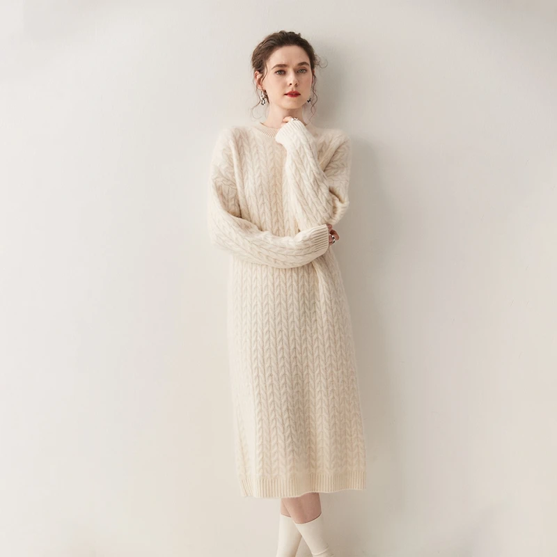 

Women Cashmere Dress 100% Cashmere Knitted Loose Twist Dress Autumn Winter Thick Warm Cashmere Knitwear Long Sleeve Dress