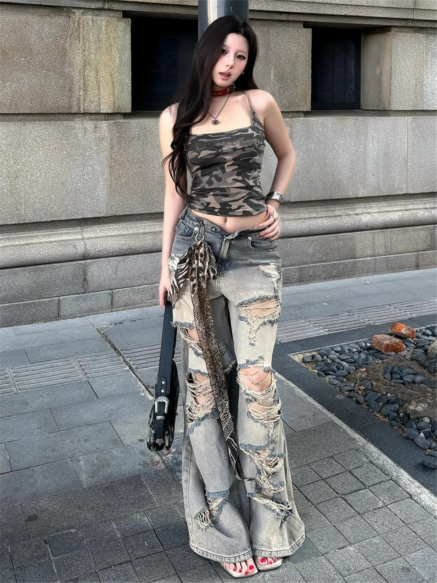 

American Street Style Distressed Skinny Jeans for Women Summer Thin Loose Fitting Straight Leg Jeans High Waist Cotton Fabric
