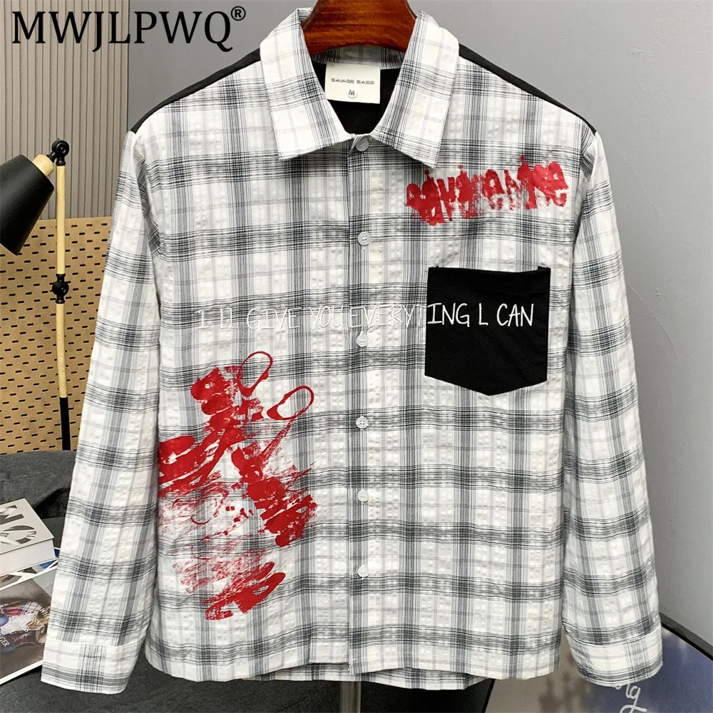 MWJLPWQ Punk-Style Plaid Contrast Color Shirt Men Spring Autumn Casual Graffiti Letter Patchwork Pockets Long-Sleeve Tops 20470