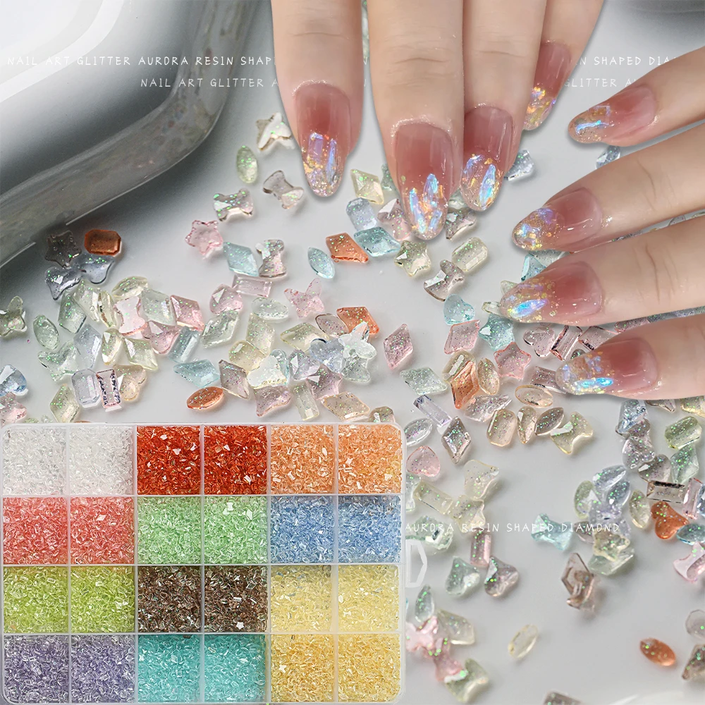 

24 сетки, нерегулярные камни, подвески для дизайна ногтей, 3D маленькие сломанные бриллианты, разноцветные драгоценные камни для ногтей, блестящие аксессуары для ногтей из смолы, поставки