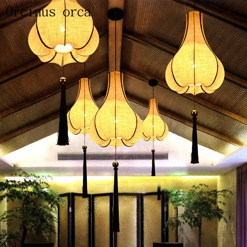 

New Chinese linen fabric chandelier retro corridor tea house club house Southeast Asia lantern chandelier free shipping