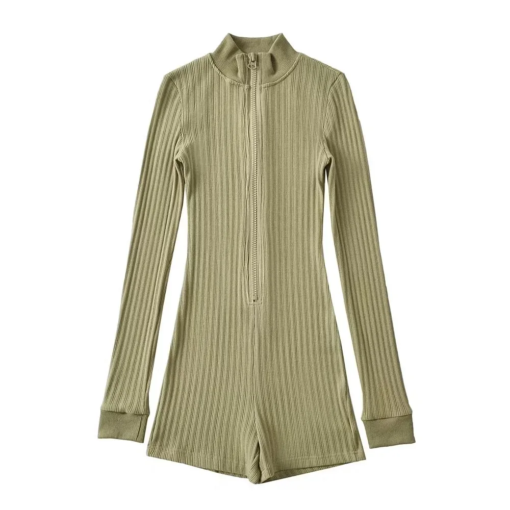 Trendy sexy half-high collar zippered slim-fit long-sleeve bodysuit for women tight-fitting sexy hip-hugging jumpsuit shorts