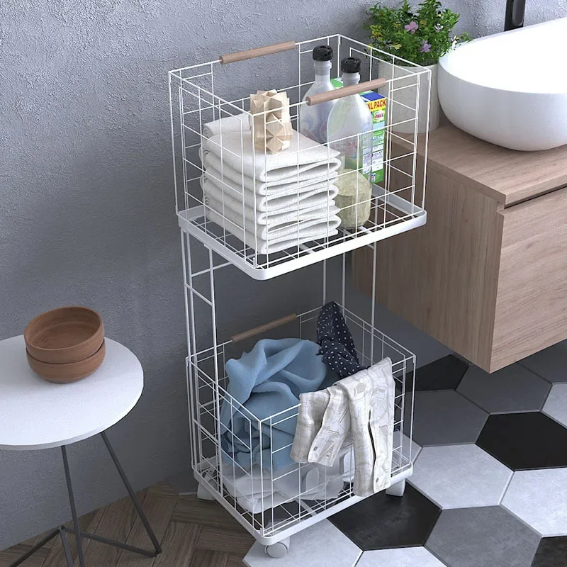 Double-Shelf Iron Art Removable Shelving Kitchen Condiment Bottle Sundries Rack Bathroom Towel Clothes Storage Basket