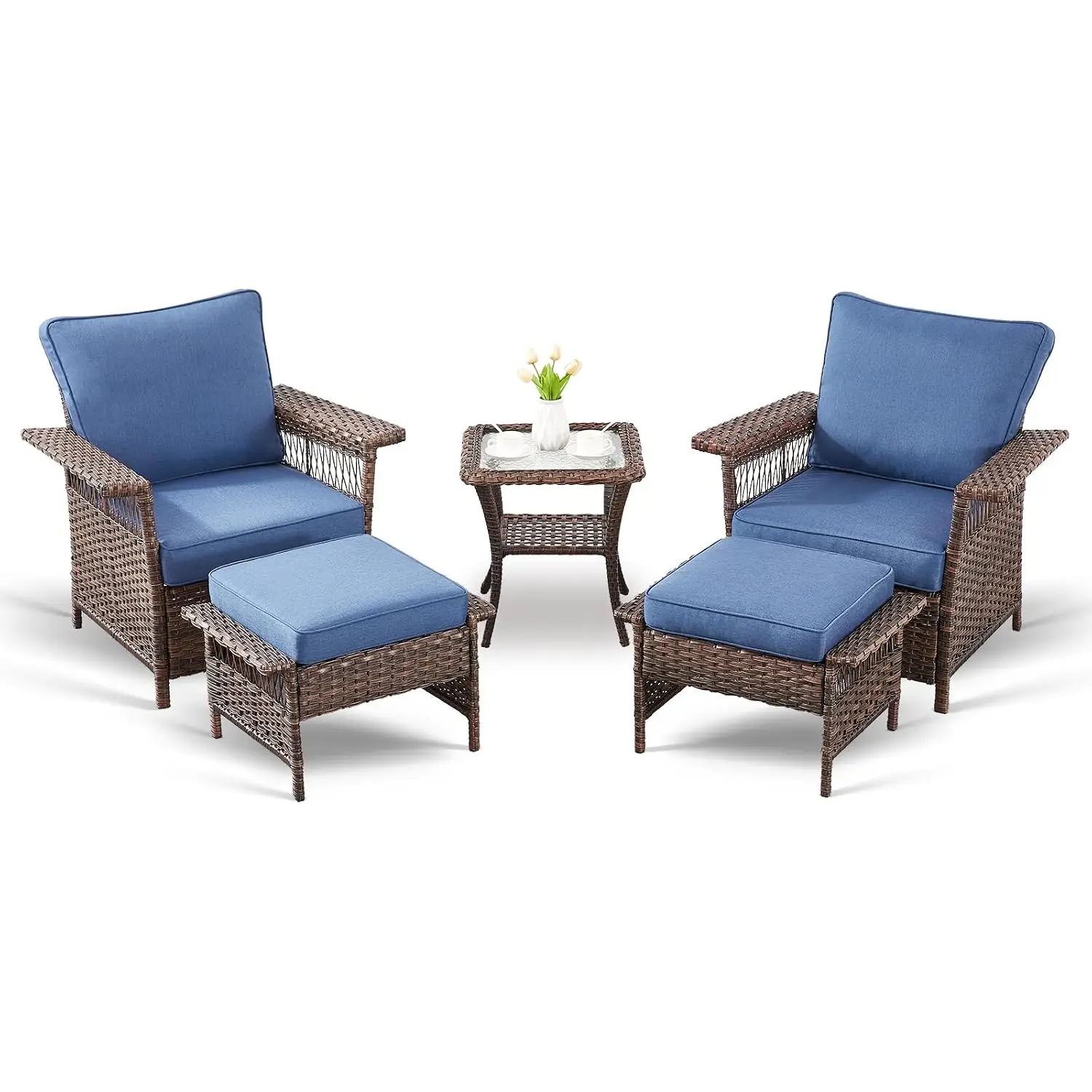 5-Piece Wicker Patio Conversation Set with Armrest Chairs, Ottomans & Side Table for Porch Deck Garden, Customized