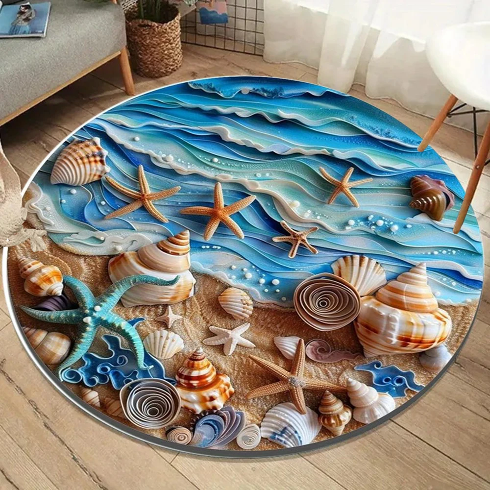 Marine Theme 3D Round Rug Living Room Bedroom Carpet Seaside Pattern Soft Durable Home Decor Nautical Stylish Styles