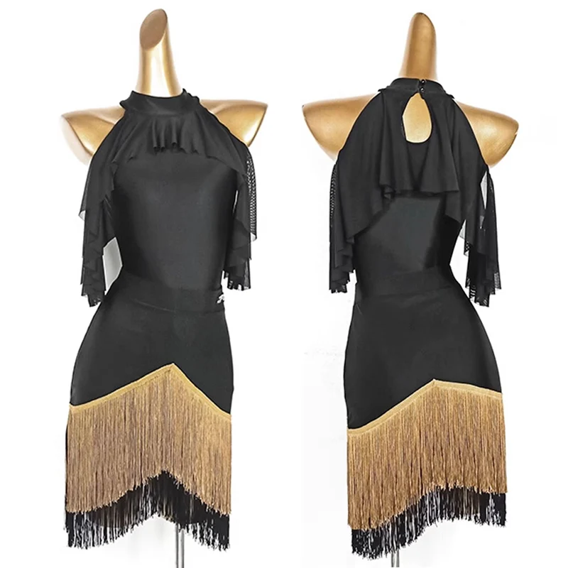 라틴 댄스 의상 여성 라틴 댄스 복장 공연 의류 블랙 바디수트 프린지 스커트 살사 트레이닝 댄스웨어 VDB6649