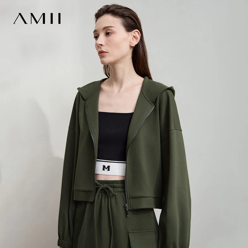 AMII Minimalist Woman's Sports Jacket Cotton 2025 Autumn New Green Hooded Long Sleeved Zipper Jacket Casual Outerwear 12543147