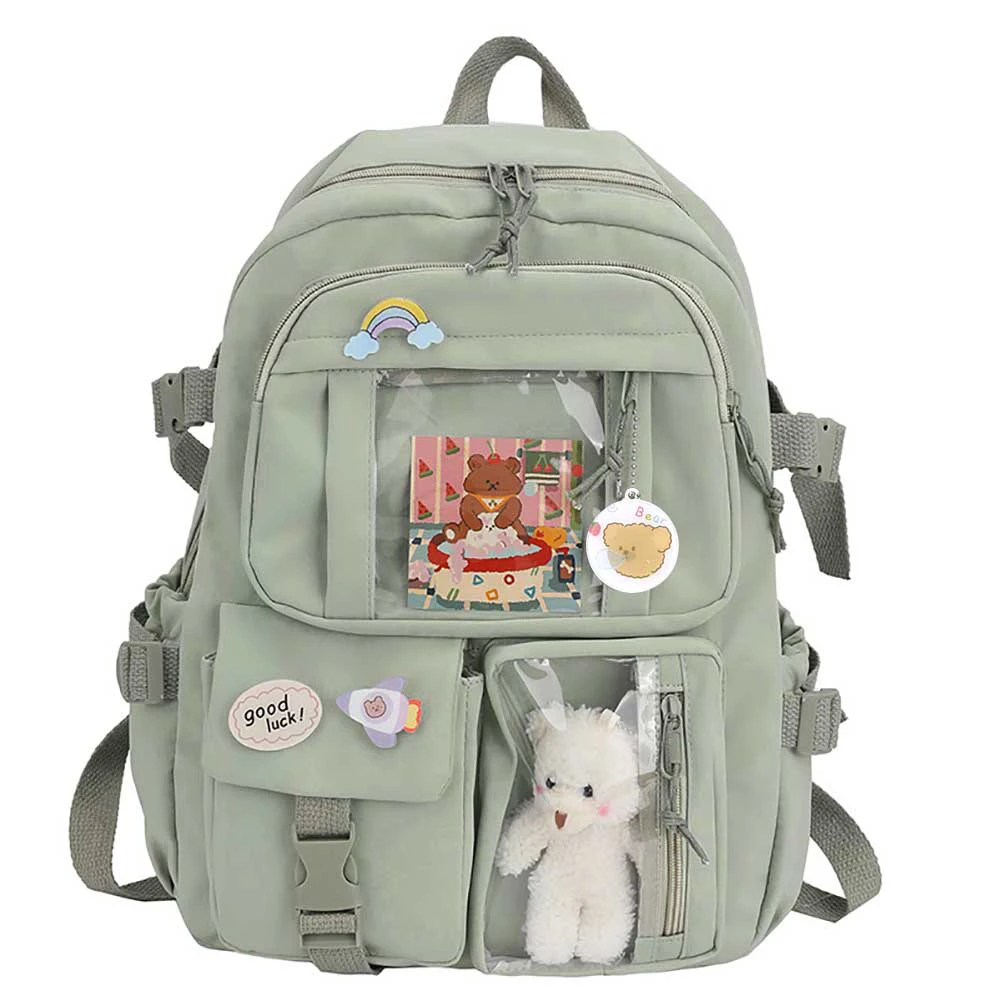 

Student Schoolbag Fashion College Student Rucksack Nylon with Plush Pendant Pin Cute Large Capacity Japanese Style for Vacations