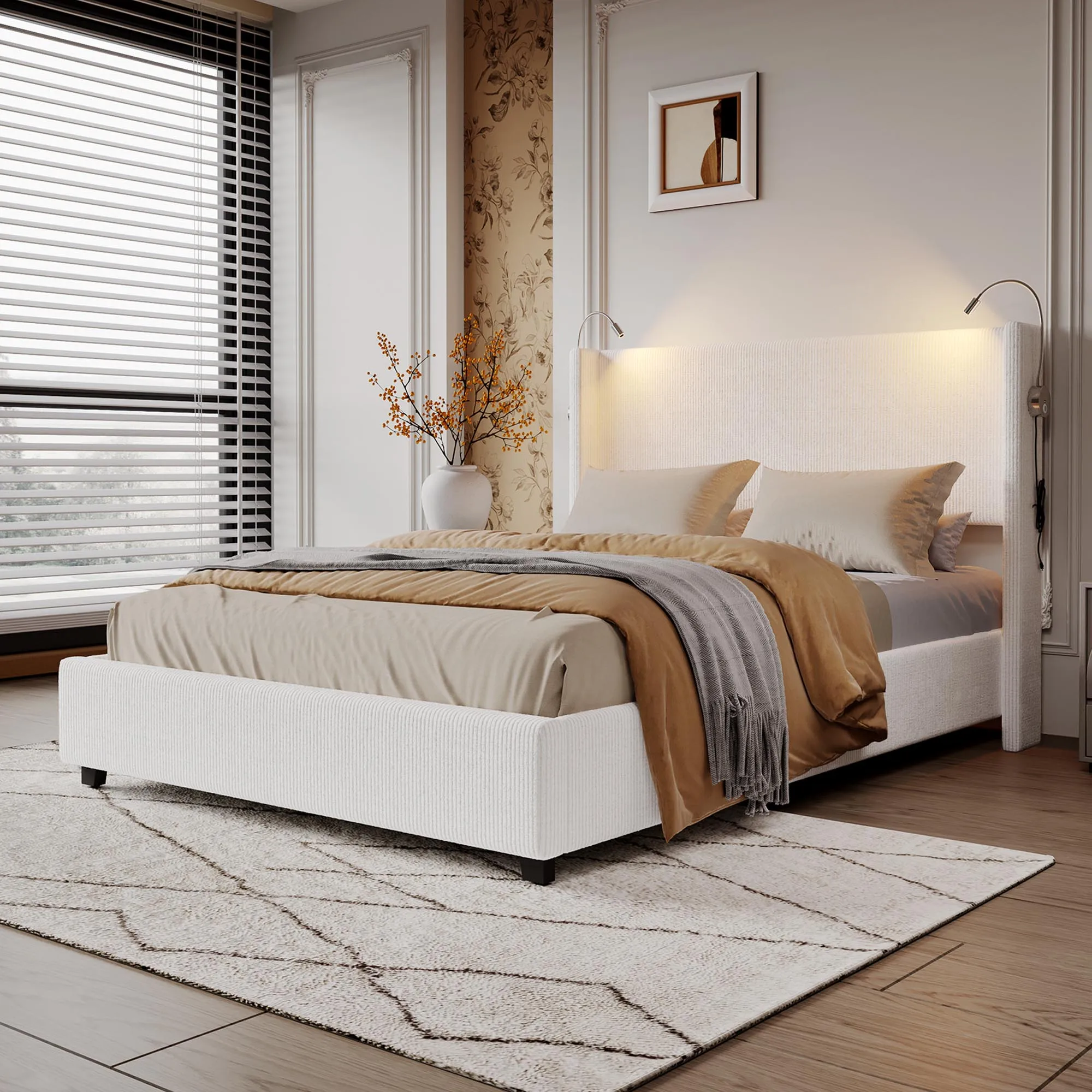 Upholstered Bed Double Bed Storage Bed with 2 Reading Lights and USB Charging function, Corduroy fabric, 140x200cm