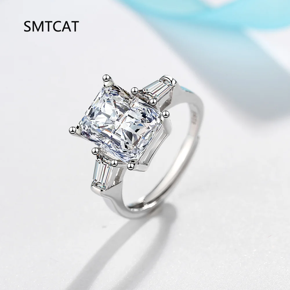 1/2/3/4Carat Radiant Cut Full Moissanite Engagement Ring with Tapered Baguette Shape Diamond S925 Silver Wedding Ring for Women