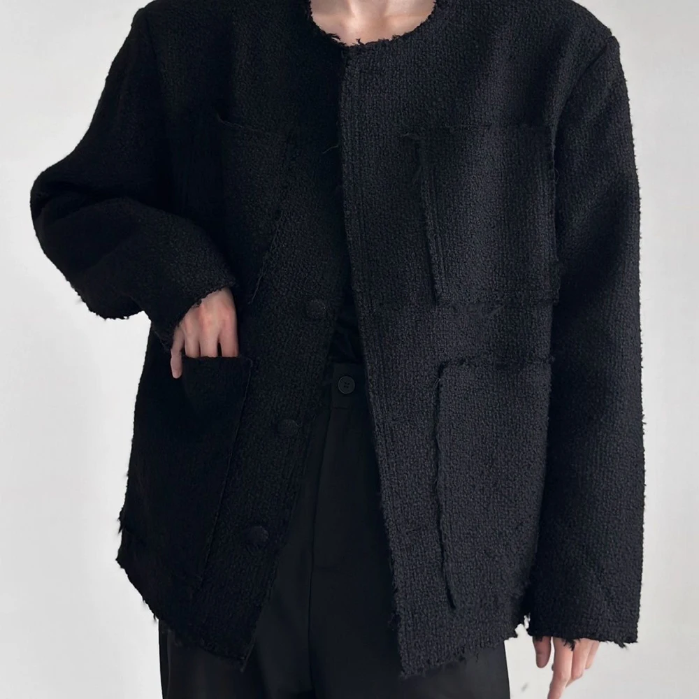 Mens Solid Color High-End Jacket Autumn And Winter New Style Raw Edge Design Collarless Loose Top Korean Style Trendy Jacket