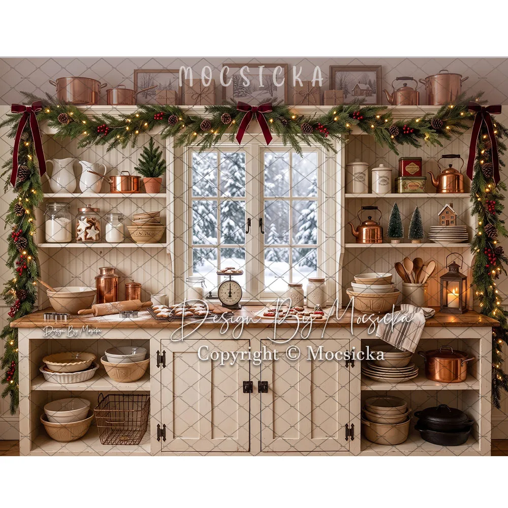 Mocsicka Backdrop Photography Christmas Kitchen Garland  Gingerbread House Cookies Window Background Winter Family Studio Photo