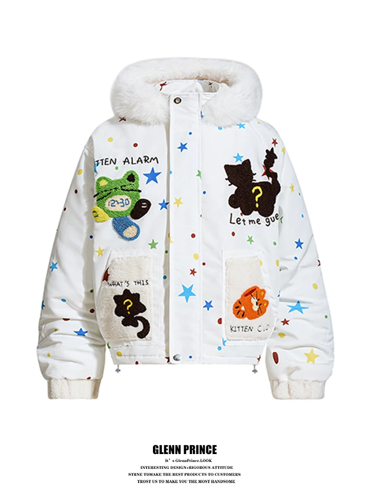 

GPstudio Trendy Cartoon Floing Hooded Cotton Jaet Men Winter ort Sle Warmth Coat Youth Casual Loose Fit Long Sve