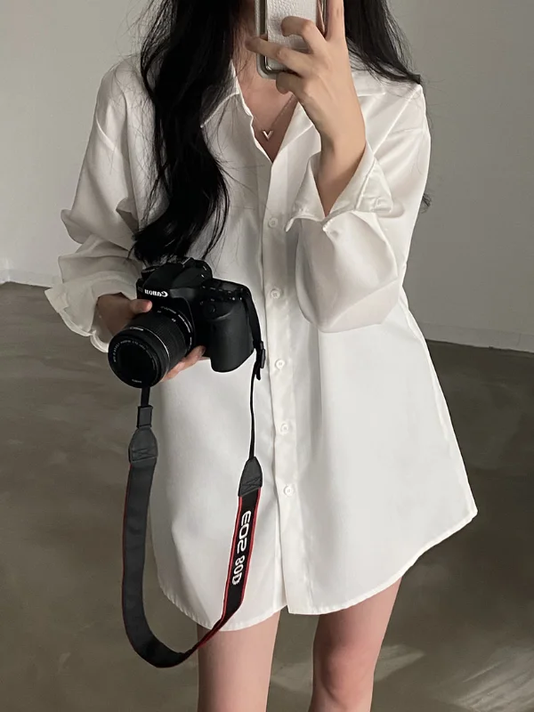 

Laid-ba Sle Women's White irt Loose Base Layer Inner Wear Trendy Autumn Faion Korean Sle Long Sve Polyester Fiber