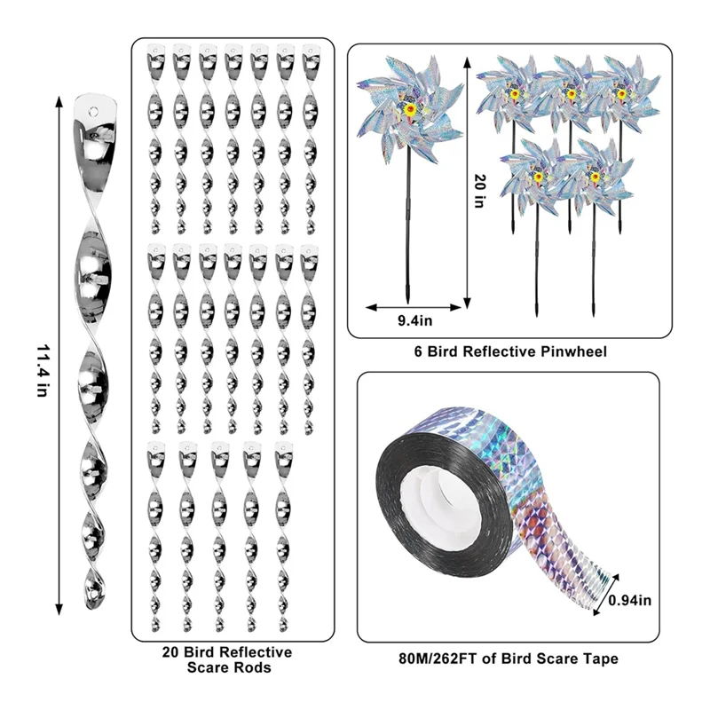 Kit dispositivi deterrenti LICE-Bird, set da 27 pezzi con 20 aste riflettenti per spaventare, 6 girandole con picchetti e un rotolo di nastro spavento Du