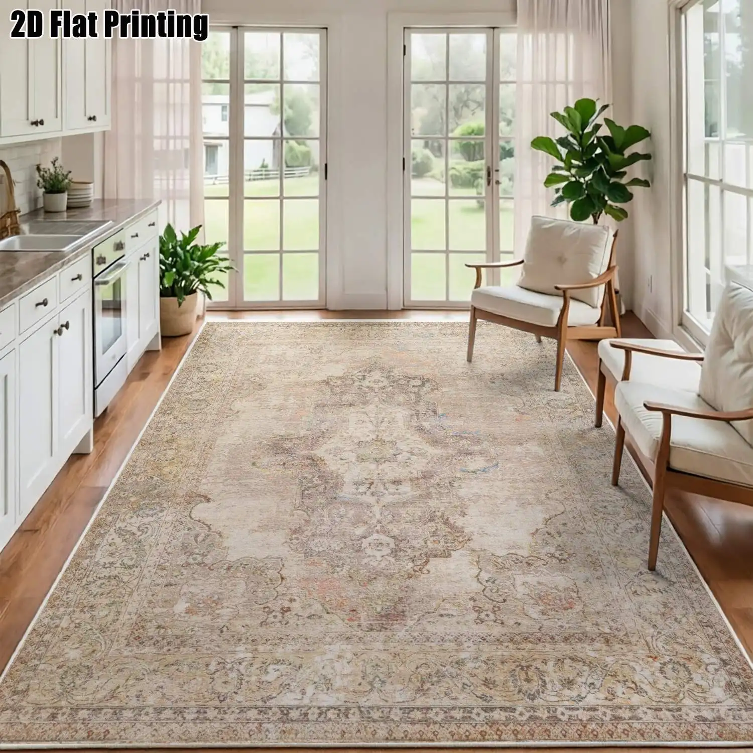 1Pc 2D Printed Velvet Carpet, Beige Retro Floral, European/Bohemian Geometric Style, Machine Washable, Multi-Size for Living Room, Bedroom, Dining Room, Entrance, Study, Home Decor