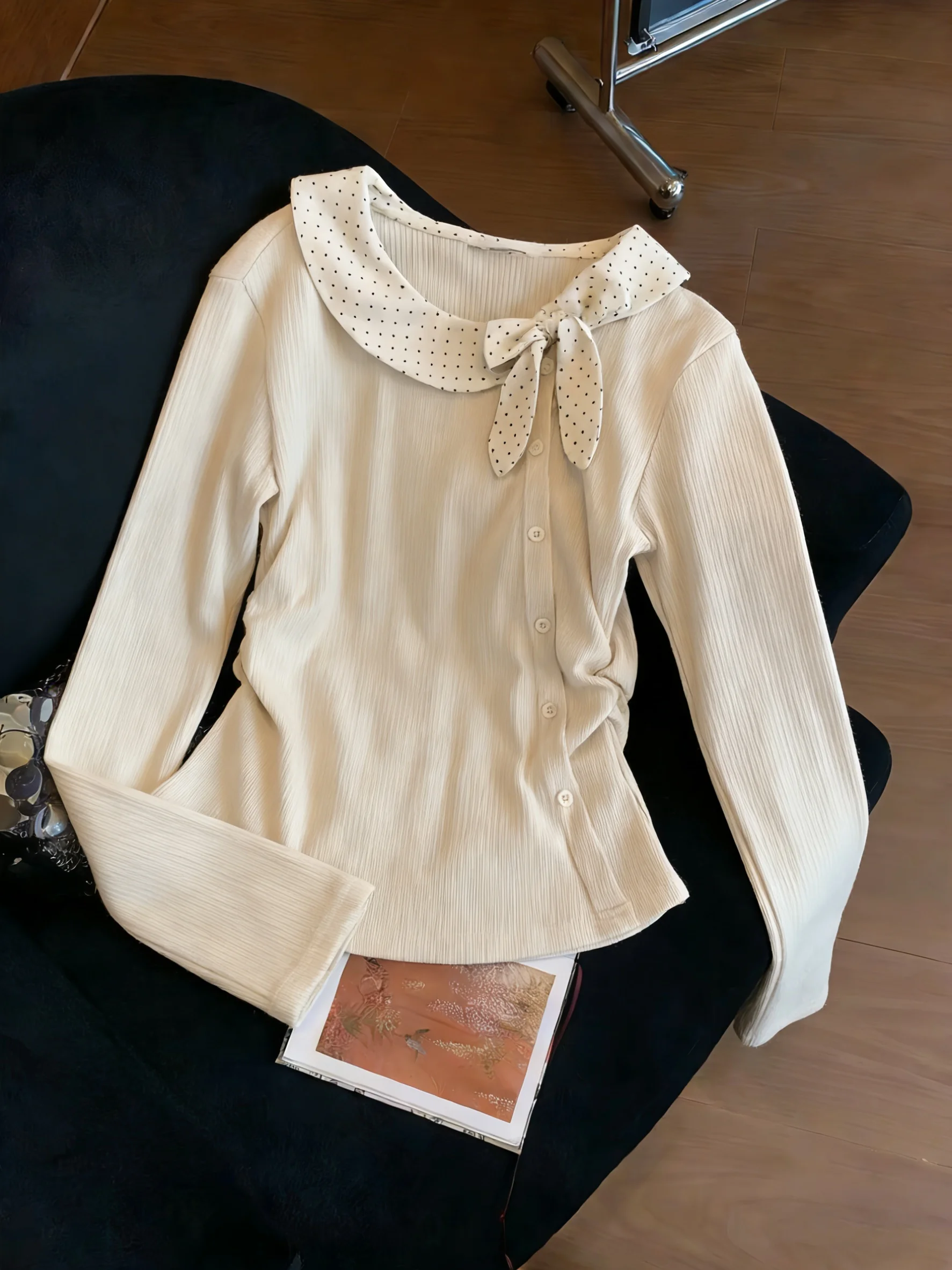 

Корейский дизайн, топ с узором в горошек, с узлом, удлиненный, для весны и осени, нежный, универсальный