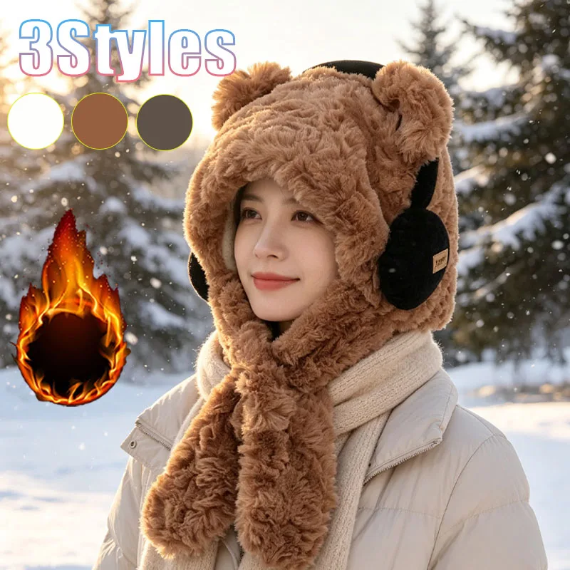 1-5PCS Bear Ear Hat with Scarf Extra Warm Earflap Wind Resistant Soft for Ladies Walking Park Travel Holiday Outdoor