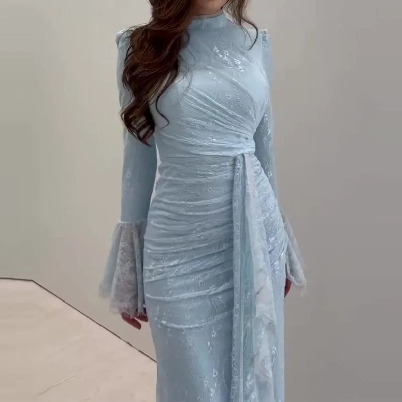 

Lace Embroidery Slim Fit Women Banquet Dress Flared Sleeves High Waist Autumn Long Dress Elegant Patchwork Pleated A-line Dress