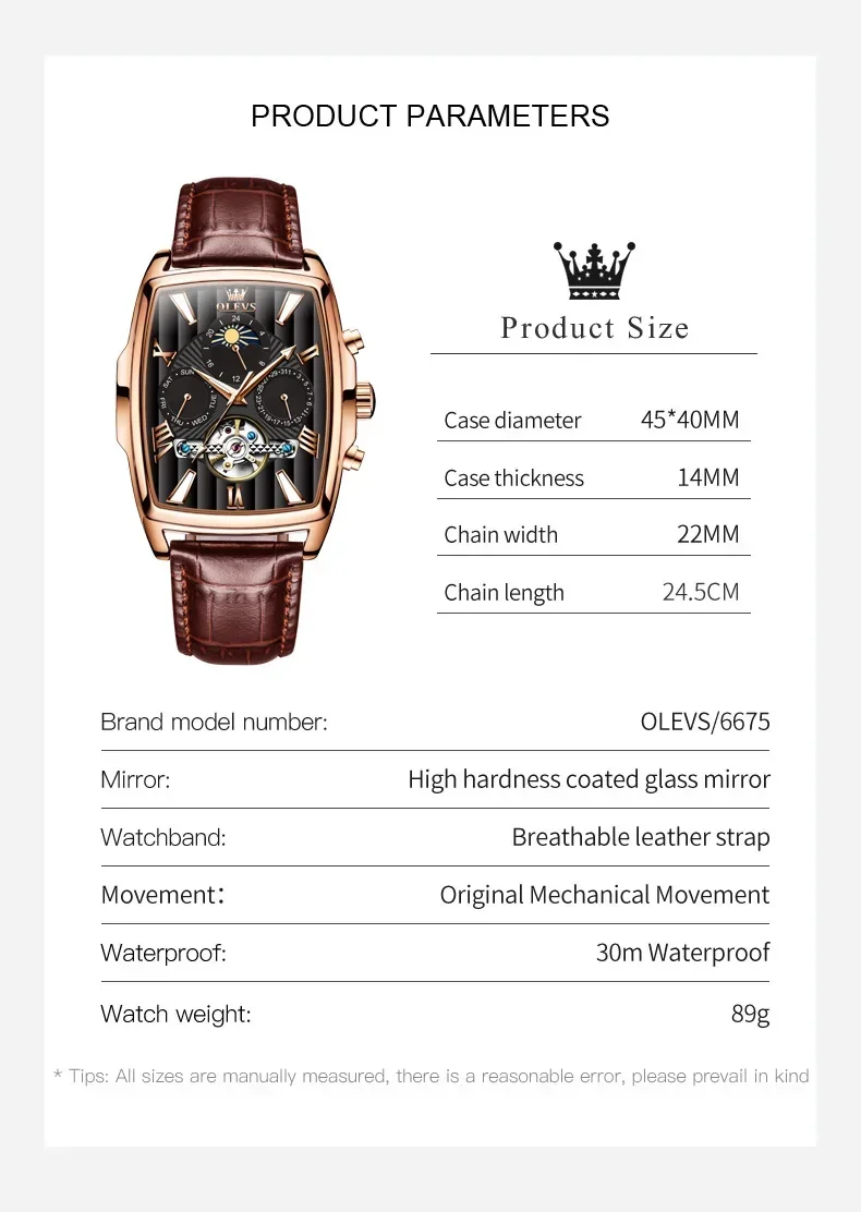 OLEVS Automatic Mechanical Men\'s Watch Original Leather Strap Date Square Dial Waterproof Luminous Wristwatch Relogio Masculino