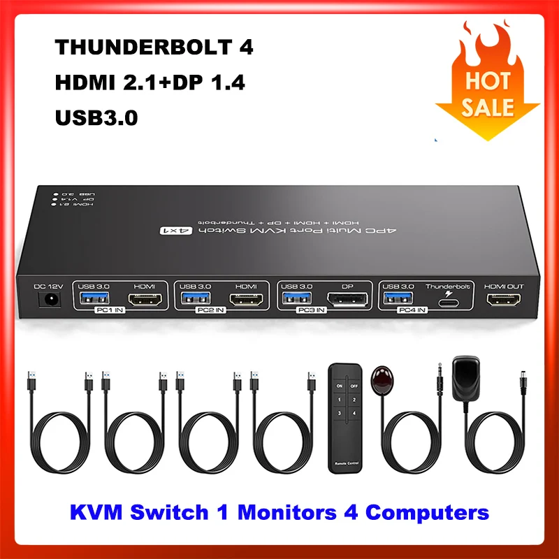 8K 60Hz 2 HDMI + Displayport Thunderbolt4 KVM Switches  for 4 PC Share 1 Monitor,8K Support Extend IR Control and IR Control