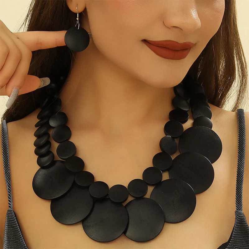 1set Vintage Two Layer Wood Necklace African Wedding Party Dress Wooden Beads Necklace Earring Jewelry Sets For Women Gifts