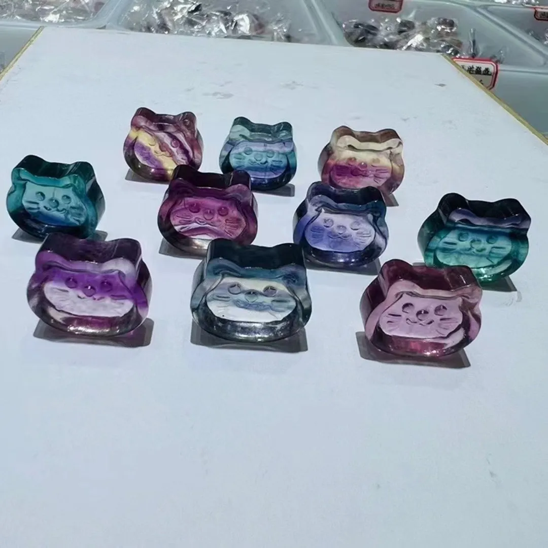 10pcs/bag natural random small fluorite carved cute cat head bowl home decoration gift