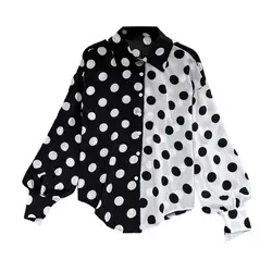 Vintage Lantern Sleeve Tops Ladies Fashion Polka Dot Shirts Spring Autumn Printing Blouses Irregular Long Sleeve Women Clothing