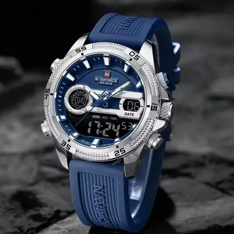 NAVIFORCE 9223 موضة الرجال ساعة إلكترونية عرض مزدوج مضيئة مقاوم للماء كرونوغراف الساعات الرقمية للرجل reloj hombre